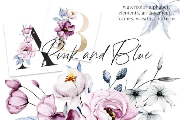 Watercolor Pink and Blue Flowers Peonies
